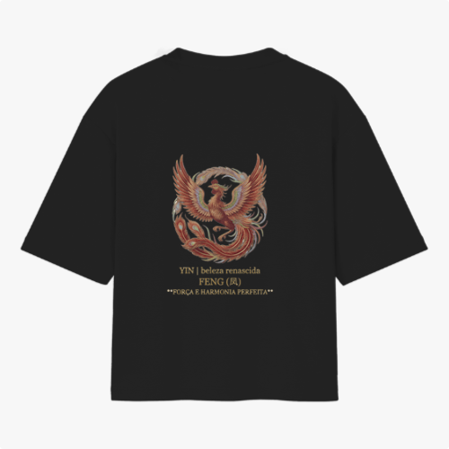 Camiseta com estampa frontal de dragão em círculo com texto "LONG E FENG (DRU) FORÇA E HARMONIA PERFEITA" e estampa traseira de fênix similar e texto correspondente.
