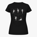 Camiseta com estampa frontal de texto discreto "Fouetté Lab" e estampa traseira de ilustrações demonstrando passos de balé em estilo gráfico minimalista.