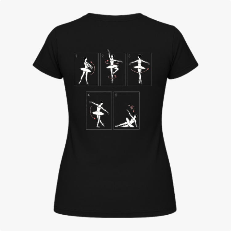 Camiseta com estampa frontal de texto discreto "Fouetté Lab" e estampa traseira de ilustrações demonstrando passos de balé em estilo gráfico minimalista.