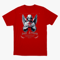 Camiseta com estampa frontal de anjo com asas, segurando um coração vermelho sangrando, cercado por inscrições "Faith & Glory" e "Romans 10:10".