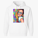 Moletom com estampa frontal de retrato vibrante de mulher sorridente com cabelo longo e óculos, sobre fundo geométrico colorido e dinâmico.