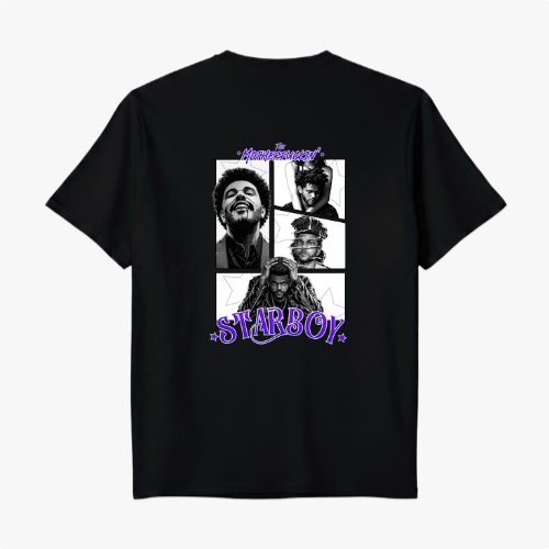 Camiseta com estampa frontal de três estrelas sobrepostas de tamanhos variados e estampa traseira de colagem fotográfica artística com texto "Starboy".