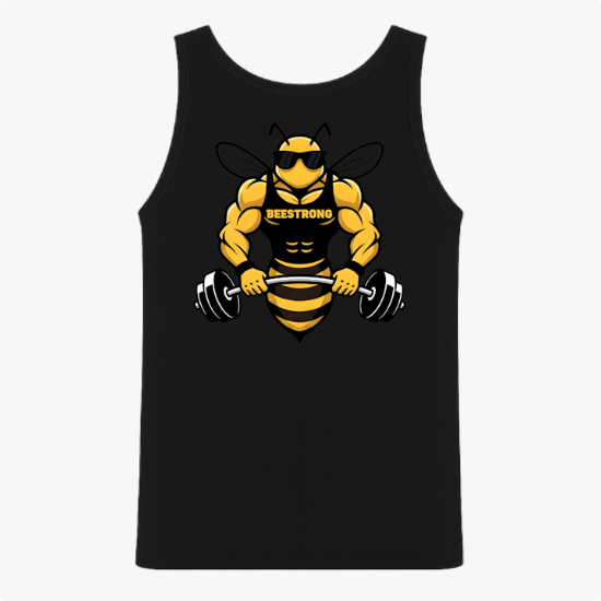 Regata com estampa frontal de "BEESTRONG" em escrita marcante e estampa traseira de abelha musculosa levantando halteres, ilustrando força e determinação.