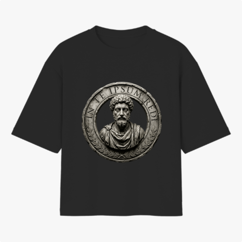 Camiseta com estampa frontal de um busto romano detalhado, cercado por uma moldura circular ornamentada e uma inscrição em latim no topo.