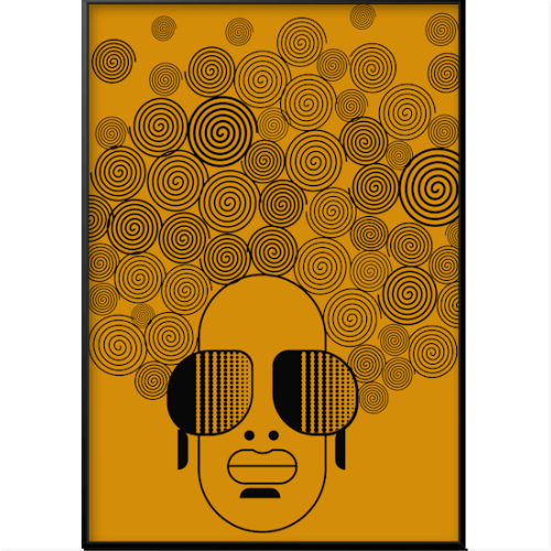 Quadro com estampa de rosto estilizado usando óculos grandes, cercado por uma volumosa composição de espirais complexos, criando um efeito hipnótico.
