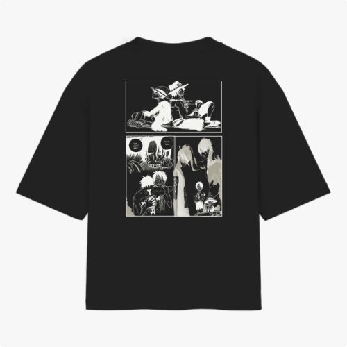 Camiseta com estampa frontal de personagem em pose reflexiva e texto japonês, e estampa traseira de quadrinhos com cenas de personagens e falas.