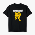 Camiseta com estampa frontal de personagem musculoso estilo cartoon, usando máscara e cinto com inicial "B", acompanhado do texto "BOY BIGORNA".