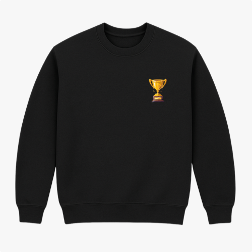 Moletom com estampa frontal de troféu dourado e estampa traseira de troféu maior junto à frase "QUEM VENCER HERDARÁ TODAS ESSAS COISAS APOCALIPSE 21:7".