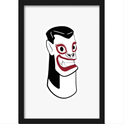 Quadro com estampa de um rosto estilizado, apresentando um sorriso largo e olhos expressivos, com detalhes em destaque que contrastam fortemente.