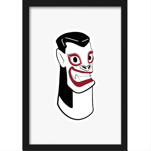 Quadro com estampa de um rosto estilizado, apresentando um sorriso largo e olhos expressivos, com detalhes em destaque que contrastam fortemente.