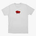 Camiseta com estampa frontal de texto estilizado "No Mercy Club" com efeito de gotejamento e estampa traseira de cobra ameaçadora também com gotejamento.