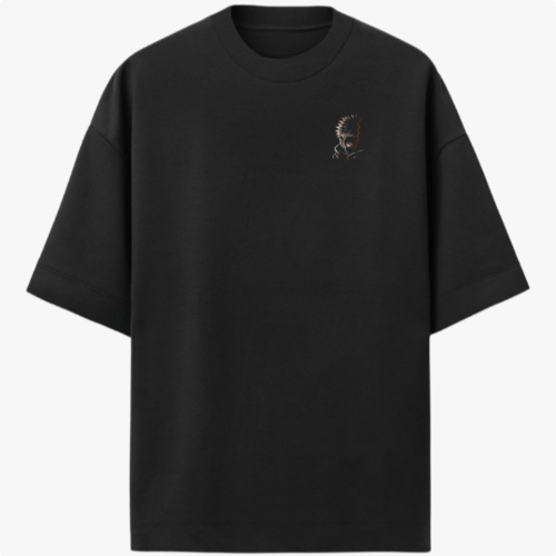 Camiseta com estampa frontal de silhueta intrigante de personagem e estampa traseira de personagem em destaque com detalhes chamativos e caracteres.