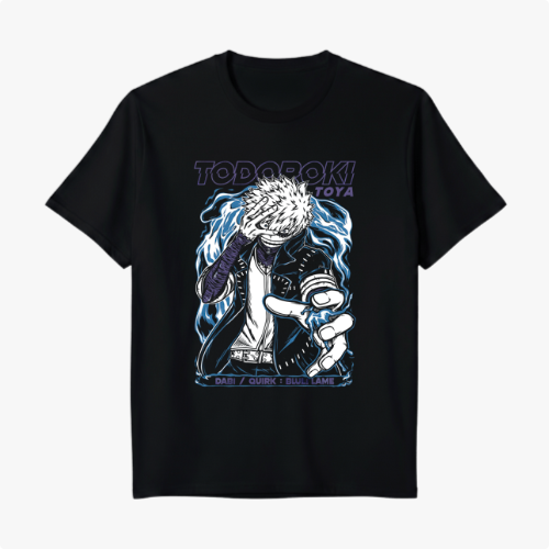 Camiseta com estampa frontal de personagem segurando a cabeça, rodeado por chamas estilizadas, com detalhes de jaqueta e texto "Todoroki Toya".