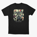 Camiseta com estampa frontal de um guerreiro musculoso em quadrantes, junto a um navio viking, escudo, espadas e texto "TRION BODYBUILDER".