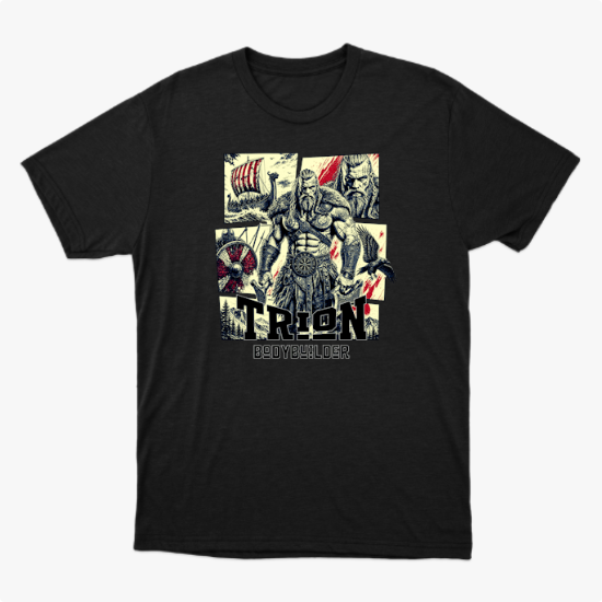 Camiseta com estampa frontal de um guerreiro musculoso em quadrantes, junto a um navio viking, escudo, espadas e texto "TRION BODYBUILDER".