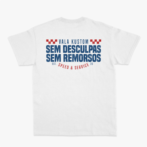 Camiseta com estampa frontal de um emblema pequeno com a palavra "VALA" e estampa traseira com texto "VALA KUSTOM SEM DESCULPAS SEM REMORSOS" e detalhes geométricos.