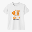 Camiseta com estampa frontal de uma bola de basquete próxima a um aro de cesta, com palavras estilizadas formando "Bonito Basketball".