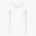 Regata com estampa frontal de garrafa com rótulo de cogumelo vermelho e estampa traseira de duende de cabelo vermelho sentado em cogumelo grande.