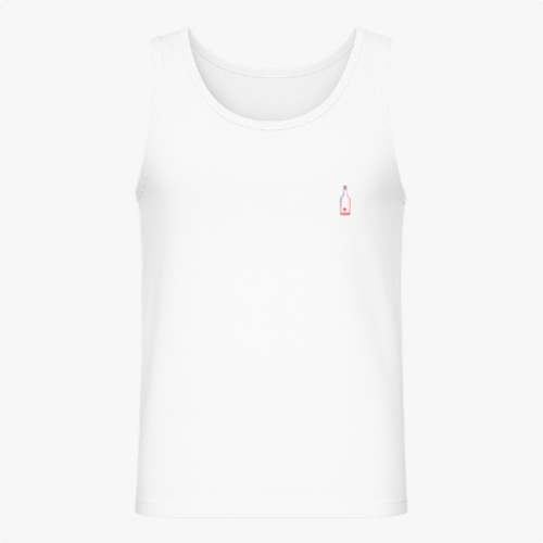 Regata com estampa frontal de garrafa com rótulo de cogumelo vermelho e estampa traseira de duende de cabelo vermelho sentado em cogumelo grande.