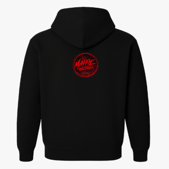 Moletom com estampa frontal de lettering estilizado de "presságio" e estampa traseira de círculo com texto "Maffie Records" em design marcante.