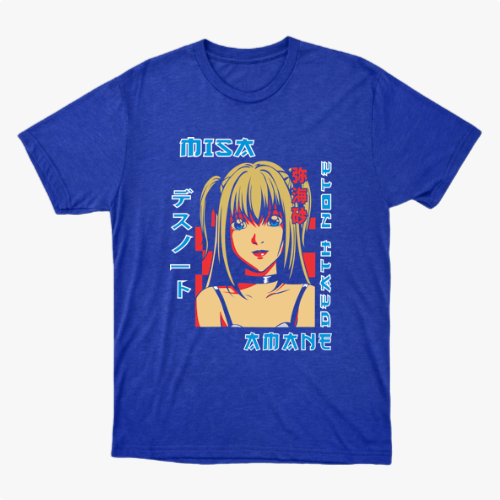 Camiseta com estampa frontal de uma personagem anime com cabelos longos, acompanhada de textos em estilo japonês ao redor.
