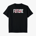 Camiseta com estampa frontal de "FUTURE" em fonte grande e negrito com a palavra "Design" sobreposta de forma cursiva, destacando-se no design.