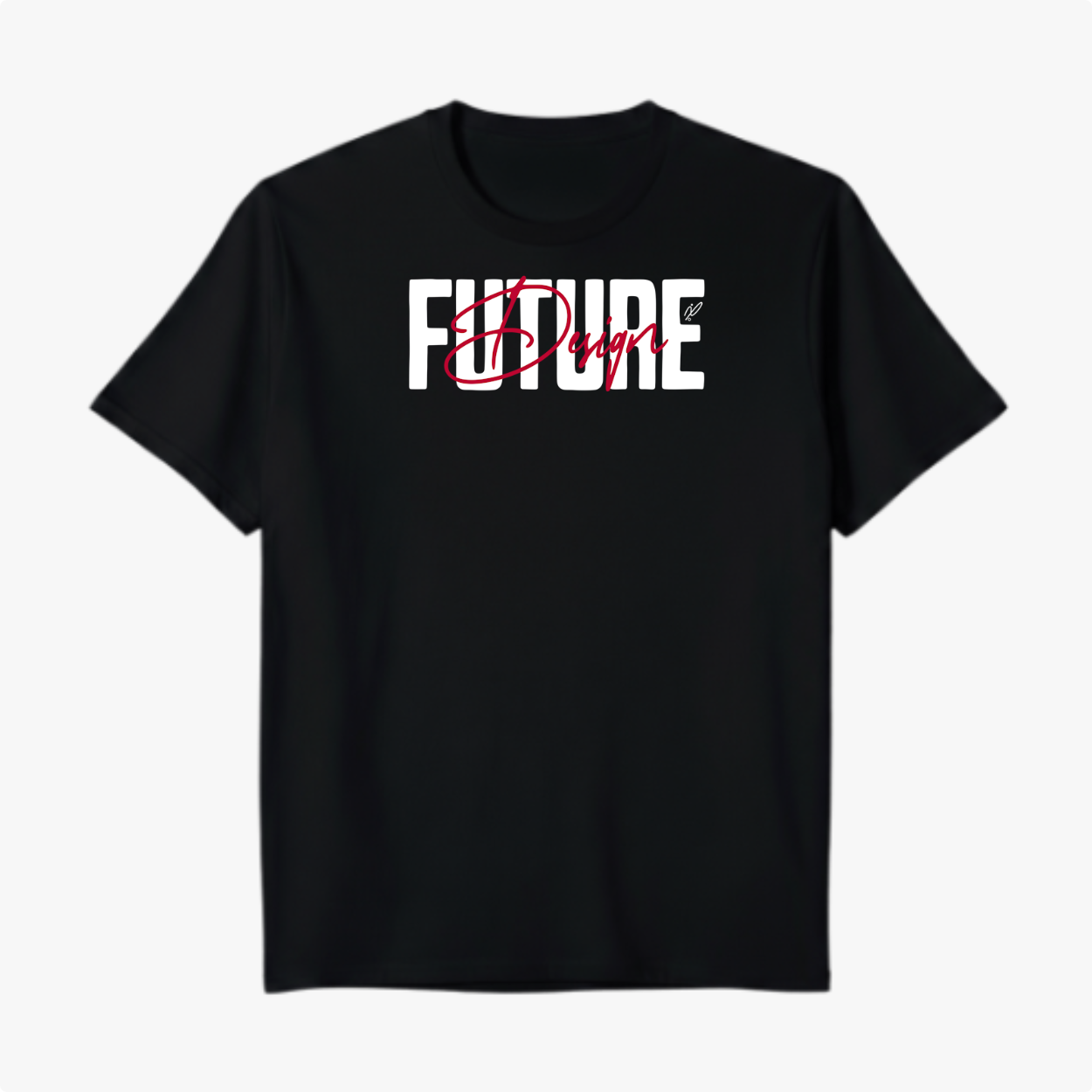 Camiseta com estampa frontal de "FUTURE" em fonte grande e negrito com a palavra "Design" sobreposta de forma cursiva, destacando-se no design.