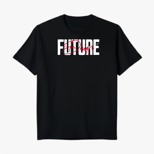 Camiseta com estampa frontal de "FUTURE" em fonte grande e negrito com a palavra "Design" sobreposta de forma cursiva, destacando-se no design.