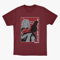 Camiseta com estampa frontal de personagem estilizado em tons de cinza e vermelho, com elementos de design geométrico e texto ao redor.