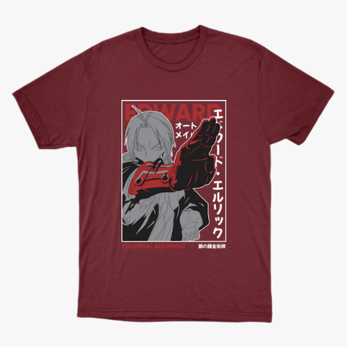 Camiseta com estampa frontal de personagem estilizado em tons de cinza e vermelho, com elementos de design geométrico e texto ao redor.