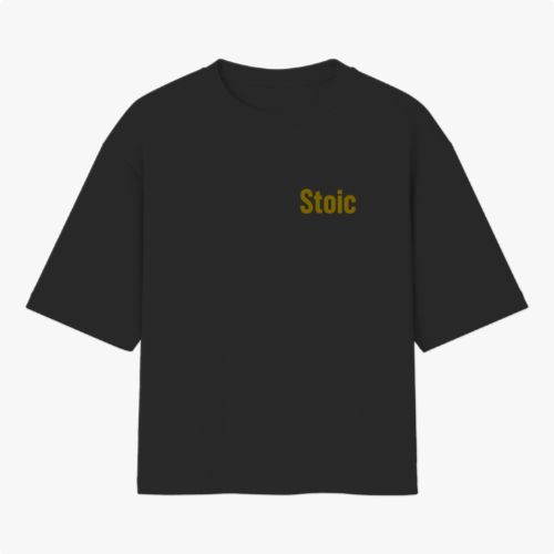 Camiseta com estampa frontal de "Stoic" em letras destacadas e estampa traseira com frase "Love of One's Fate" complementada por texto filosófico detalhado.