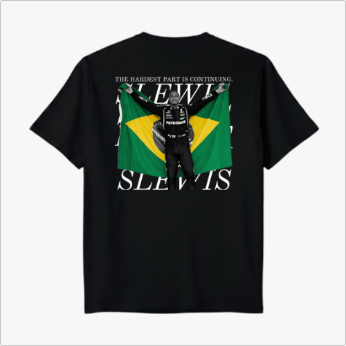 Camiseta com estampa frontal de número "44" e estampa traseira de figura de campeão segurando uma bandeira do Brasil, sobreposta a texto inspirador.