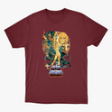 Camiseta com estampa frontal de personagem central empunhando espada, com tigre e figuras heroicas ao fundo, acompanhadas de um logotipo estilizado.