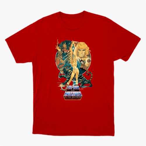 Camiseta com estampa frontal de personagem central empunhando espada, com tigre e figuras heroicas ao fundo, acompanhadas de um logotipo estilizado.