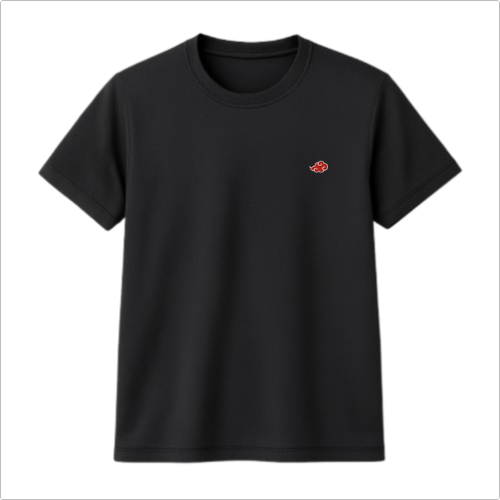 Camiseta com estampa frontal de pequeno símbolo de nuvem estilizada com contorno claro, localizado no lado superior esquerdo do peito.
