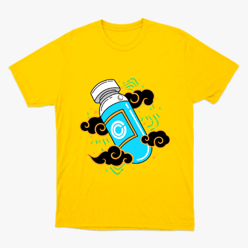 Camiseta com estampa frontal de frasco estilizado com logotipo centralizado, envolto por padrões de nuvens arrojadas e elementos geométricos vibrantes.
