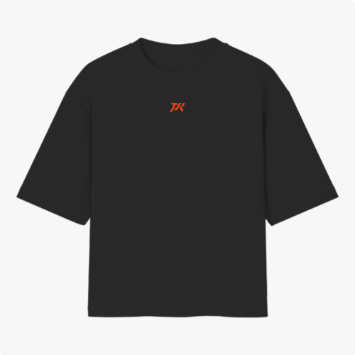 Camiseta com estampa frontal de logotipo estilizado "PK" em tamanho pequeno e estampa traseira de fatia de pizza e donuts com a frase "Atleta Parker Squad".