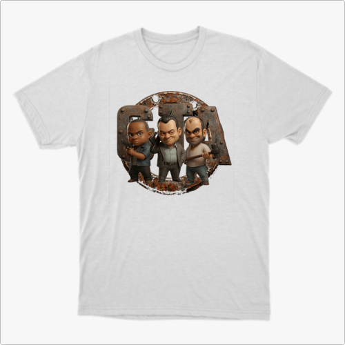 Camiseta com estampa frontal de três personagens estilizados em pose séria dentro de uma estrutura metálica envelhecida, com detalhes de ferrugem ao redor.
