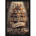 Quadro com estampa frontal de leão majestoso em meio a uma estrutura arquitetônica clássica, coroado, cercado por frases inspiradoras em estilo realista.