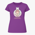 Camiseta com estampa frontal de uma figura estilizada dentro de um balão de laboratório, rodeada por símbolos científicos e a inscrição "Marie Curie Radiochemistry Pioneer".