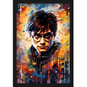 Quadro com estampa de ilustração vibrante de um jovem de óculos em meio a um fundo abstrato com traços energéticos e cores intensas.