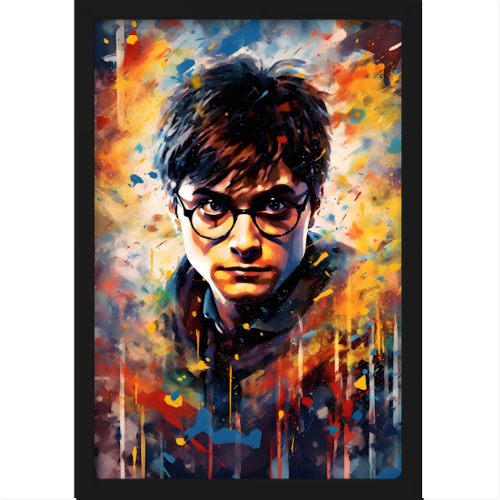 Quadro com estampa de ilustração vibrante de um jovem de óculos em meio a um fundo abstrato com traços energéticos e cores intensas.
