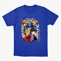 Camiseta com estampa frontal de três personagens em estilo animado, cercados por símbolos místicos e letras verticais estilizadas à esquerda.