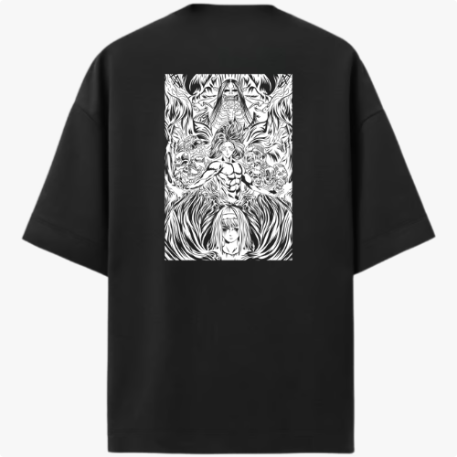 Moletom com estampa traseira de figura central musculosa cercada por criaturas fantásticas e detalhes intricados em design monocromático.