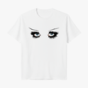Camiseta com estampa frontal de olhos expressivos detalhados com cílios marcantes e estampa traseira de texto estilizado "CHAPPELL ROAN".