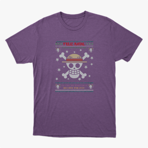 Camiseta com estampa frontal de caveira estilizada com chapéu, ossos cruzados, flocos de neve, pequenos crânios e a frase "Feliz Natal" acima.