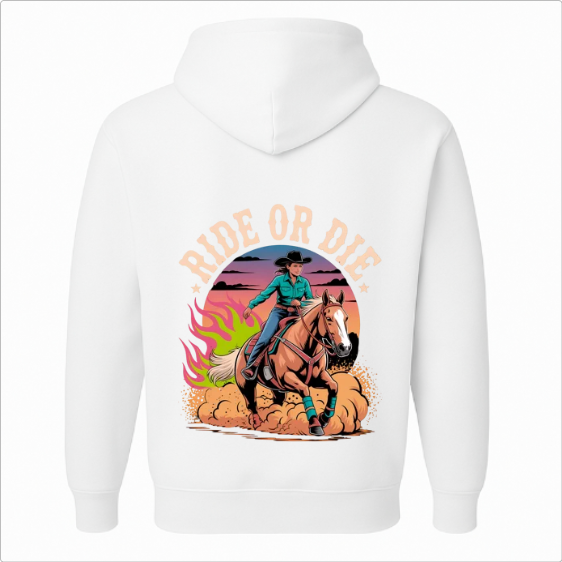 Moletom com estampa frontal de cavalo em um escudo cercado por ramos e estampa traseira de cowboy e cavalo em ação, com "RIDE OR DIE" em destaque.