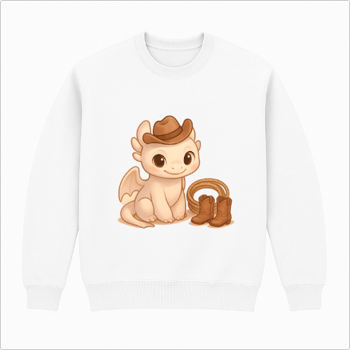 Moletom com estampa frontal de dragão estilizado usando chapéu e botas ao lado, transmitindo um tema de fazenda com traços fofos e caricatos.