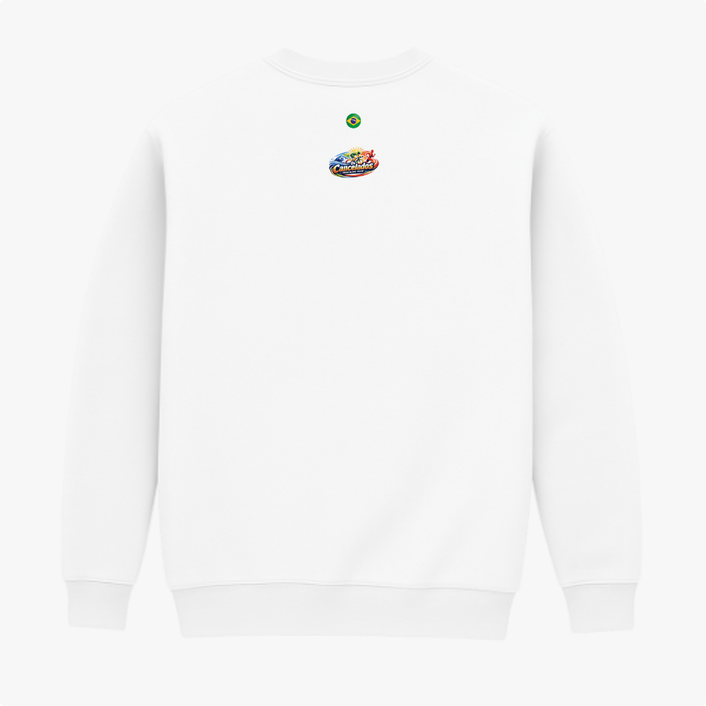 Moletom com estampa frontal de logotipos "Universo DKM" e "DSLOP" e estampa traseira de logo estilizado com bandeira do Brasil acima.