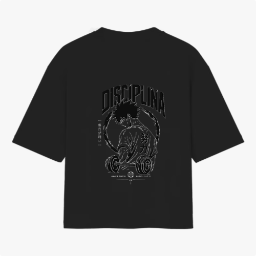 Moletom com estampa frontal de personagem musculoso levantando pesos grandes, cercado por detalhes abstratos e a palavra "DISCIPLINA" em destaque acima.